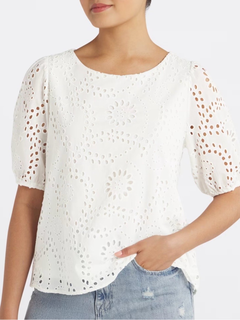 Beacon Apparel White Eyelet Embroidered Puff Sleeve Blouse Size L - Picture 2 of 5